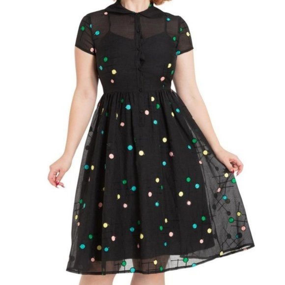 Voodoo Vixen Dresses & Skirts - Voodoo Vixen Black Sallie Sheer Embroidered Polka Dot Fit & Fare Shirt Dress S
